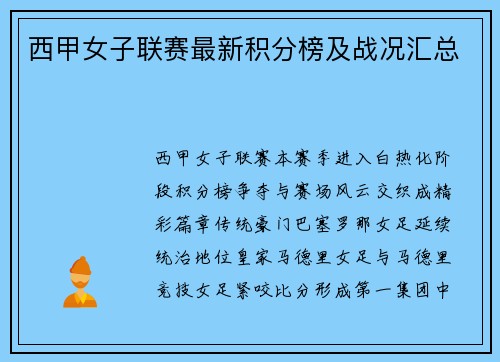 西甲女子联赛最新积分榜及战况汇总