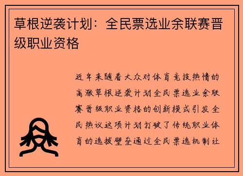 草根逆袭计划：全民票选业余联赛晋级职业资格