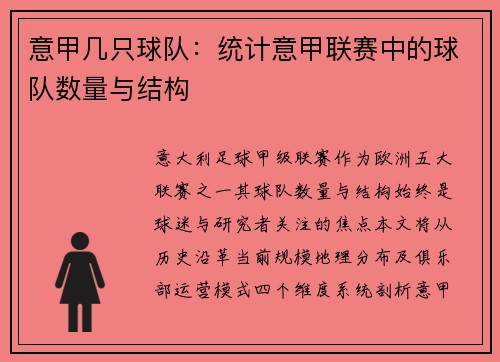 意甲几只球队：统计意甲联赛中的球队数量与结构